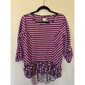 Women's Anthropologie Postmark Indie Purple Bird Stripe Boho Bottom Ruffle Sz L